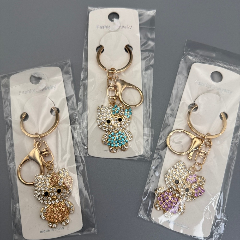 Set of 3 Feline Keychain Set OS Multicolor New Rhinestone Purse Charms Unbranded